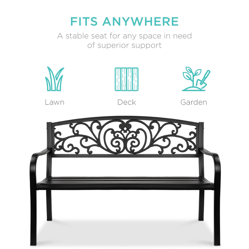 Steel Bench for Outdoor Patio Garden w/ Floral Design - 50in