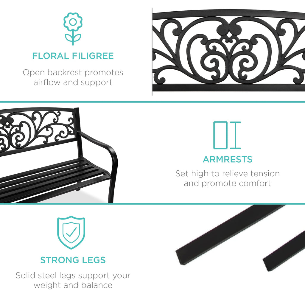 Steel Bench for Outdoor Patio Garden w/ Floral Design - 50in
