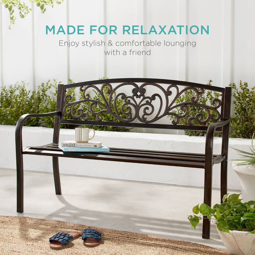 Steel Bench for Outdoor Patio Garden w/ Floral Design - 50in