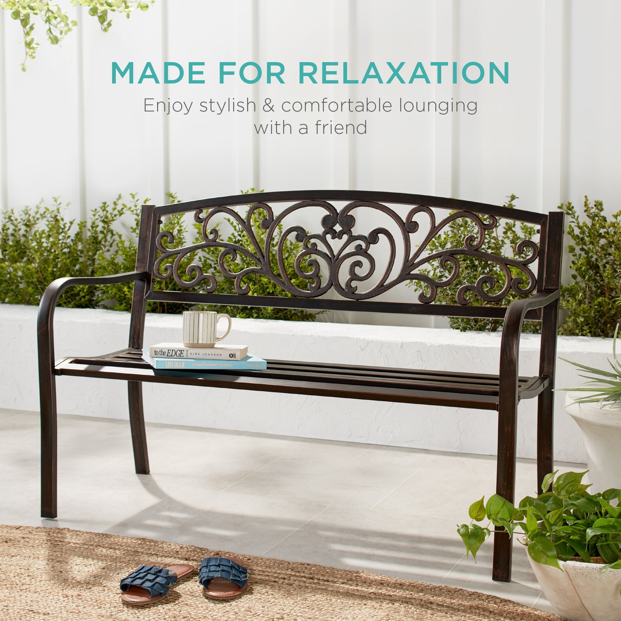 Steel Bench for Outdoor Patio Garden w/ Floral Design - 50in