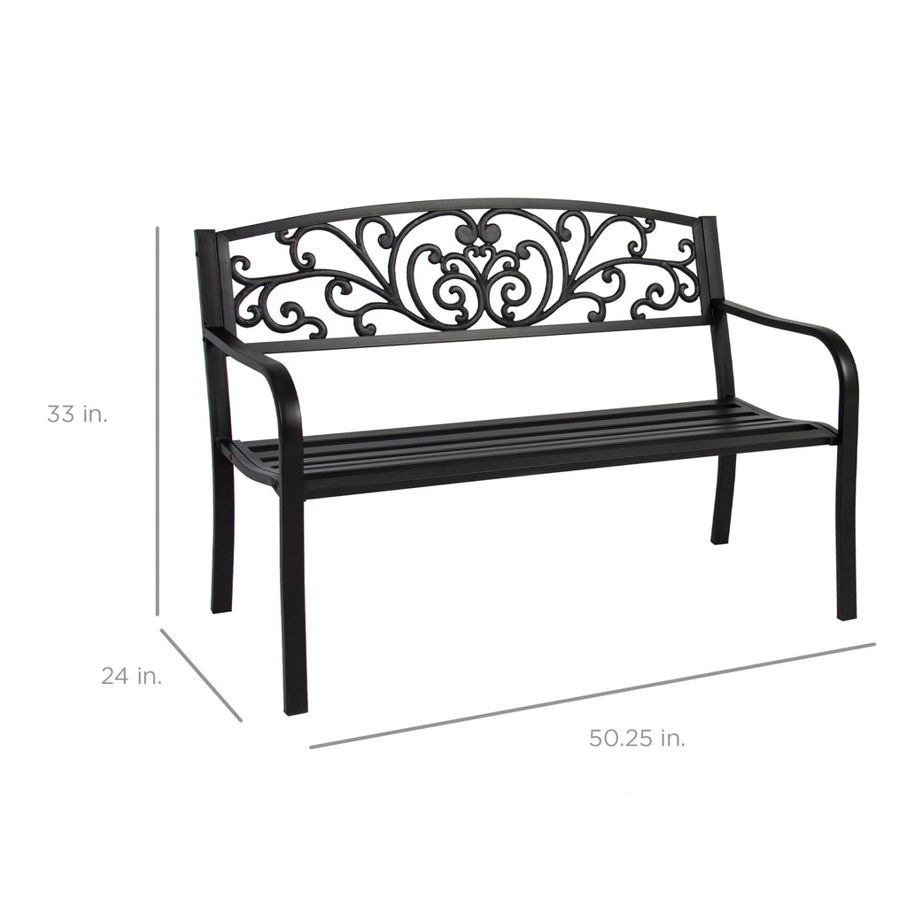 Steel Bench for Outdoor Patio Garden w/ Floral Design - 50in