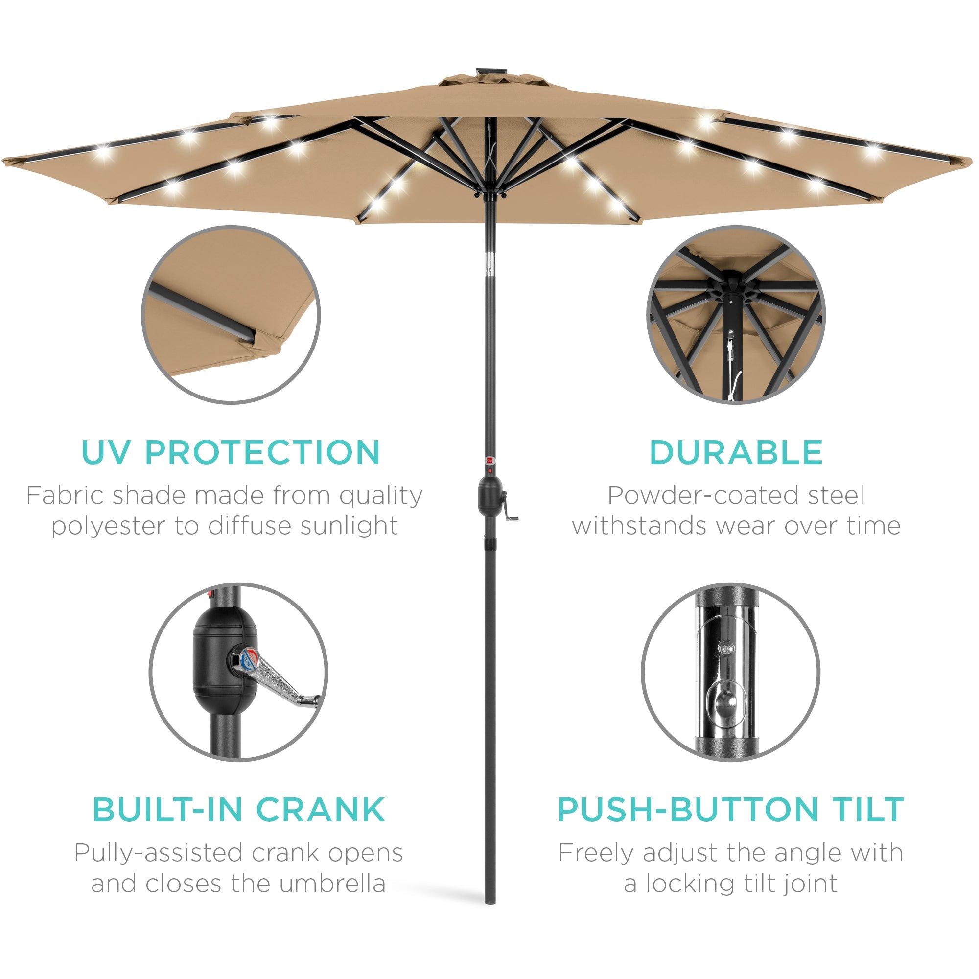 Solar LED Lighted Patio Umbrella w/ Tilt Adjustment UV-Resistant - 10ft