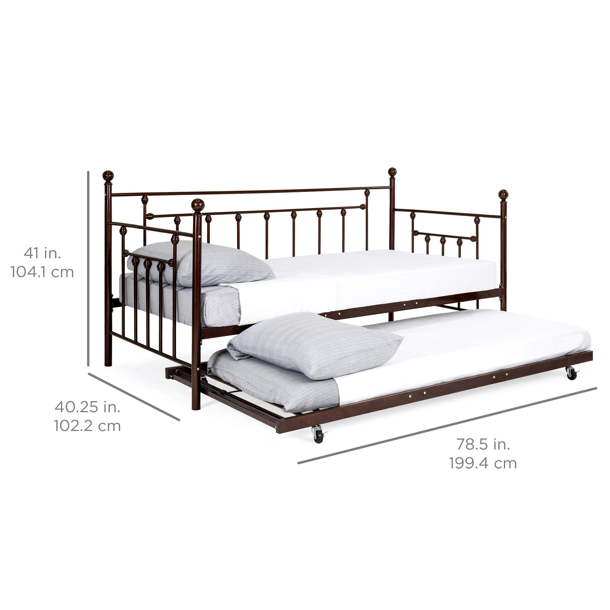 Twin Sized Metal Lounge Daybed Frame w/ Trundle Finials