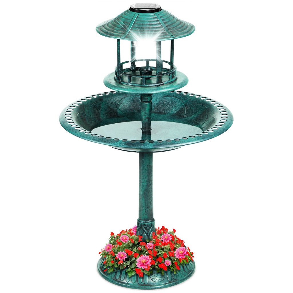 Solar Lighted Outdoor Pedestal Bird Bath w/ Planter Decorative Bird Cage