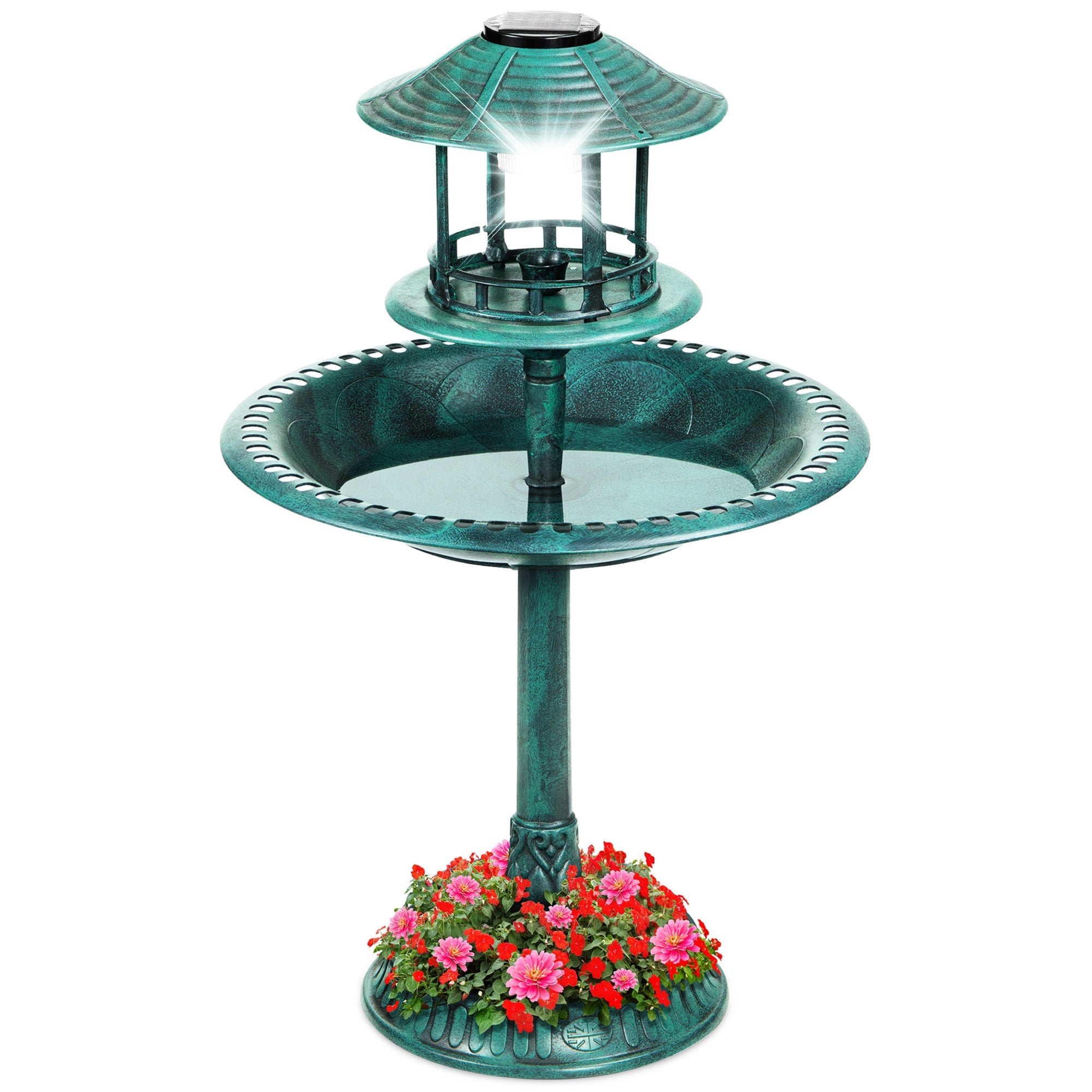 Solar Lighted Outdoor Pedestal Bird Bath w/ Planter Decorative Bird Cage