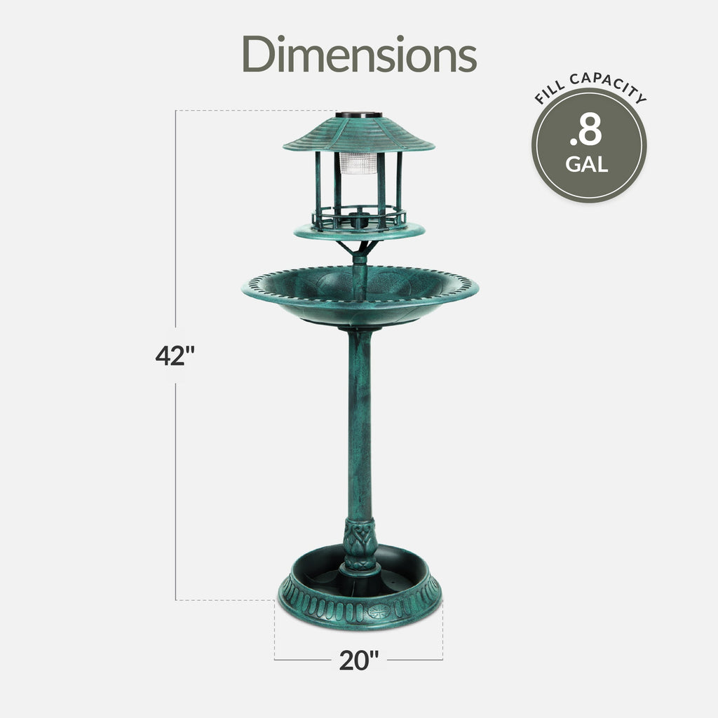 Solar Lighted Outdoor Pedestal Bird Bath w/ Planter Decorative Bird Cage