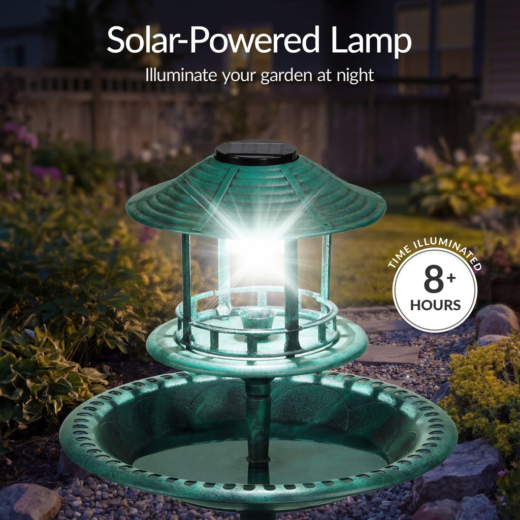 Solar Lighted Outdoor Pedestal Bird Bath w/ Planter Decorative Bird Cage