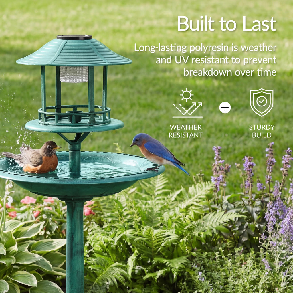 Solar Lighted Outdoor Pedestal Bird Bath w/ Planter Decorative Bird Cage
