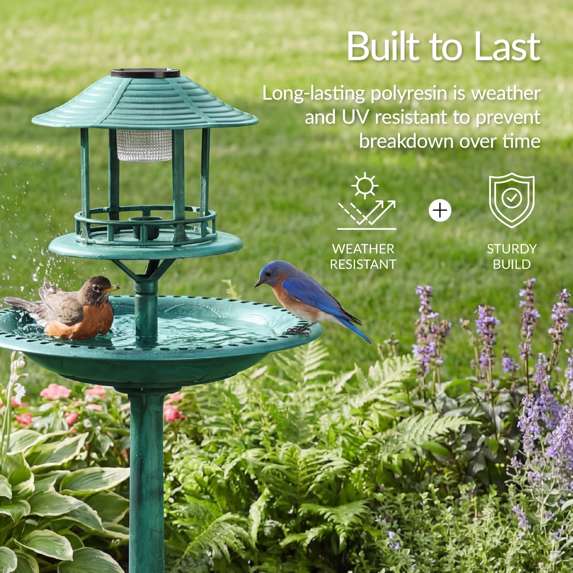 Solar Lighted Outdoor Pedestal Bird Bath w/ Planter Decorative Bird Cage