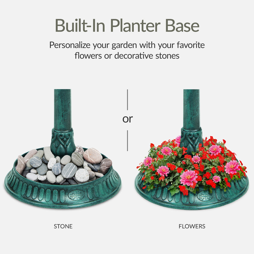 Solar Lighted Outdoor Pedestal Bird Bath w/ Planter Decorative Bird Cage