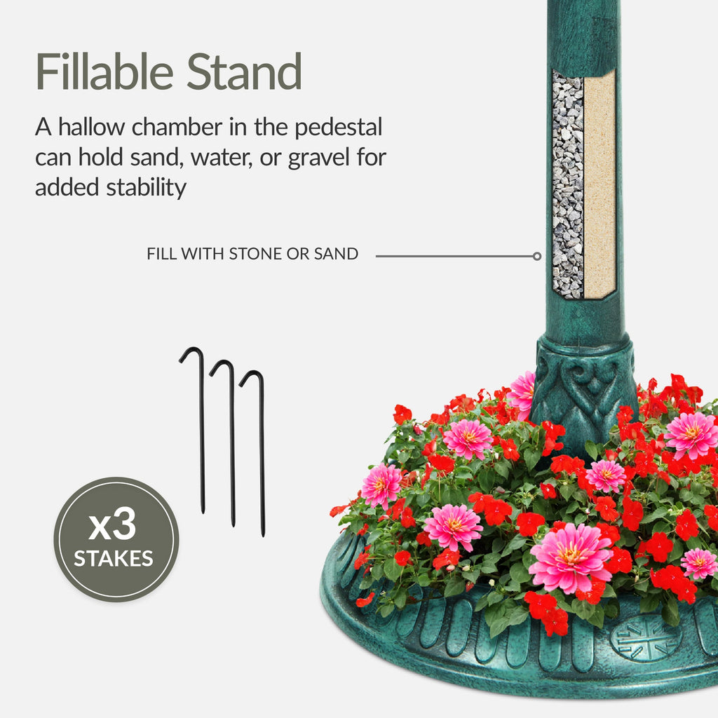 Solar Lighted Outdoor Pedestal Bird Bath w/ Planter Decorative Bird Cage
