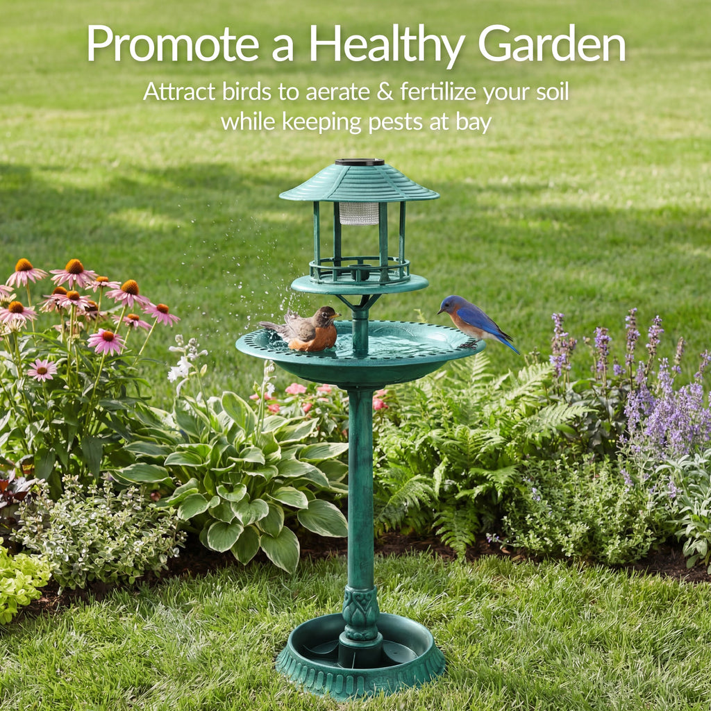 Solar Lighted Outdoor Pedestal Bird Bath w/ Planter Decorative Bird Cage