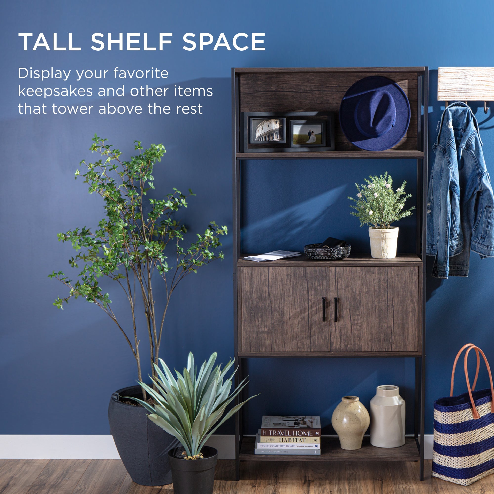 Storage Bookshelf for Living Room Walkway w/ Cabinet Elevated Design